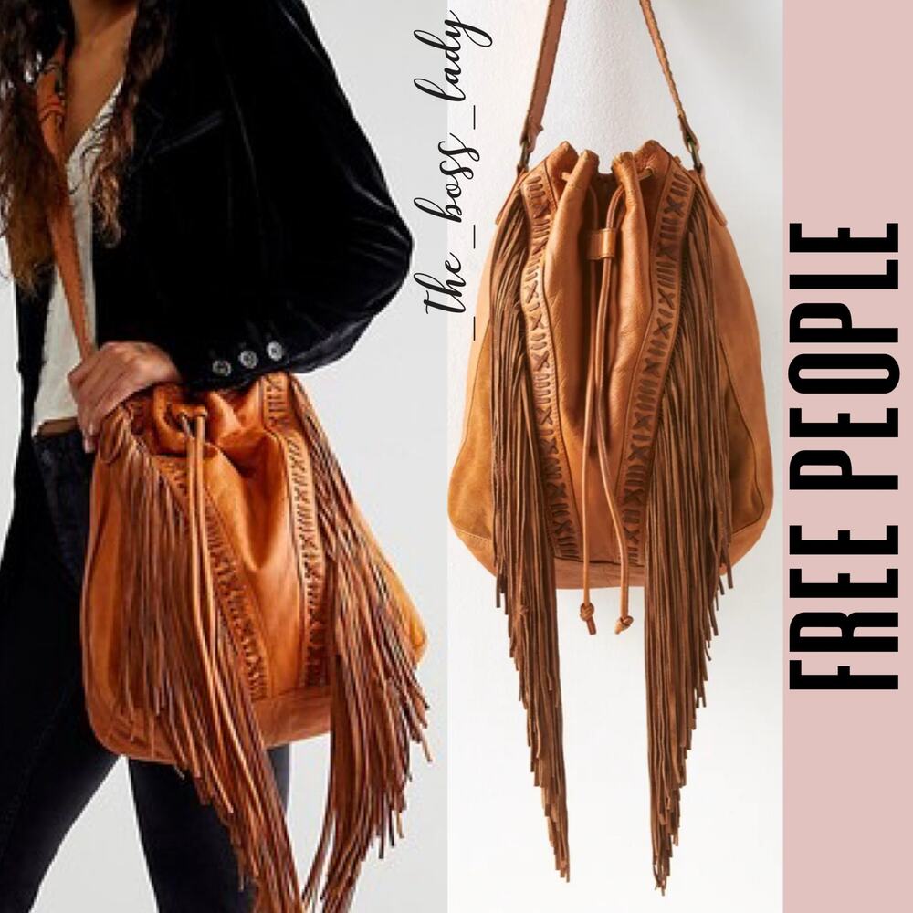SOLD -E- Free People leather bag fringe tote boho western - Picture 1 of 12